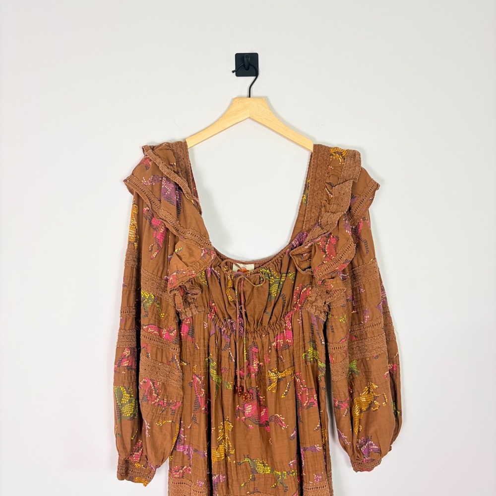 Farm Rio Dotted Horse Tiered Maxi Dress Small Ruffle Eyelet Coastal Boho Prairie - Picture 5 of 10